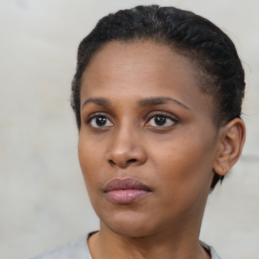 Neutral black young-adult female with short  black hair and brown eyes