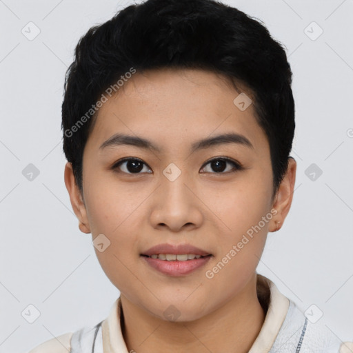 Joyful asian young-adult female with short  black hair and brown eyes