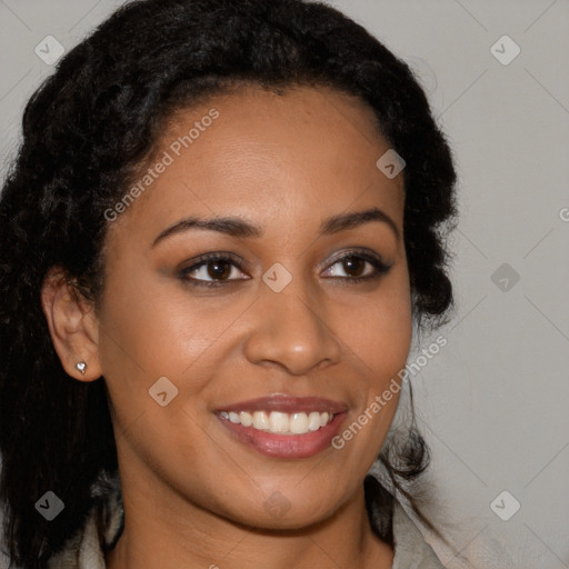 Joyful latino young-adult female with long  brown hair and brown eyes