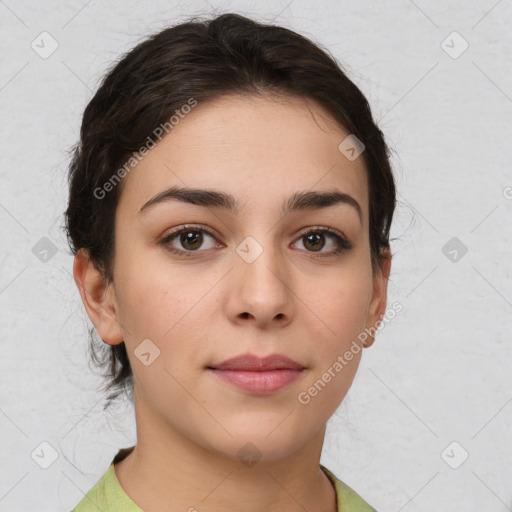 Neutral white young-adult female with medium  brown hair and brown eyes