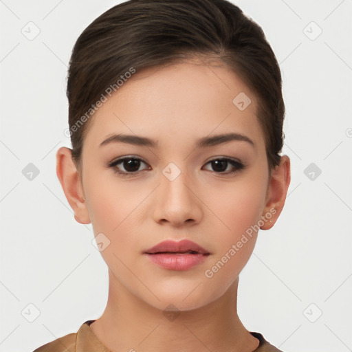 Neutral white young-adult female with short  brown hair and brown eyes