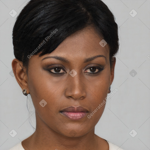 Neutral black young-adult female with short  brown hair and brown eyes