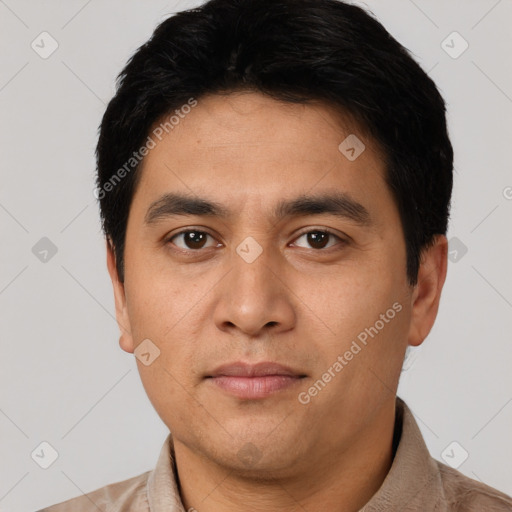 Neutral asian young-adult male with short  black hair and brown eyes