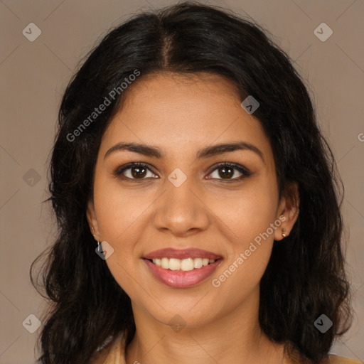 Joyful latino young-adult female with long  brown hair and brown eyes