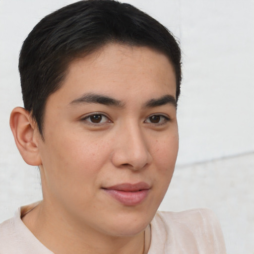 Joyful asian young-adult male with short  brown hair and brown eyes