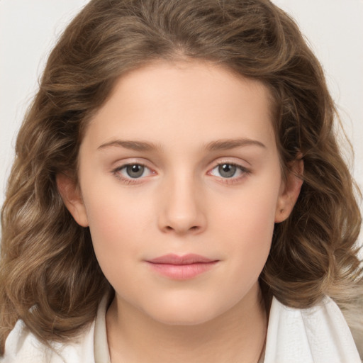 Joyful white child female with medium  brown hair and brown eyes