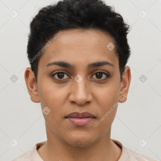 Joyful latino young-adult female with short  brown hair and brown eyes