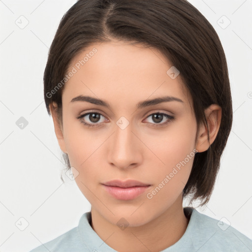 Neutral white young-adult female with medium  brown hair and brown eyes