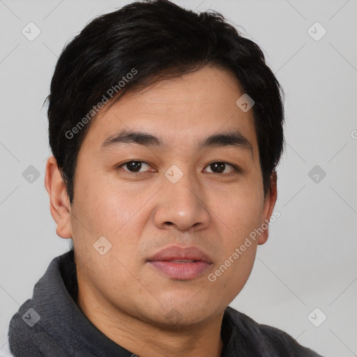 Neutral asian young-adult male with short  black hair and brown eyes