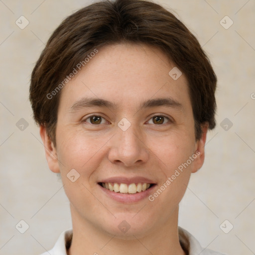 Joyful white young-adult female with short  brown hair and brown eyes