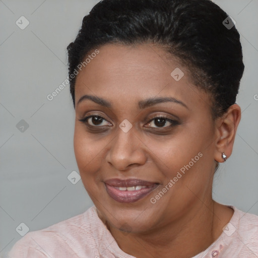 Joyful latino young-adult female with short  black hair and brown eyes