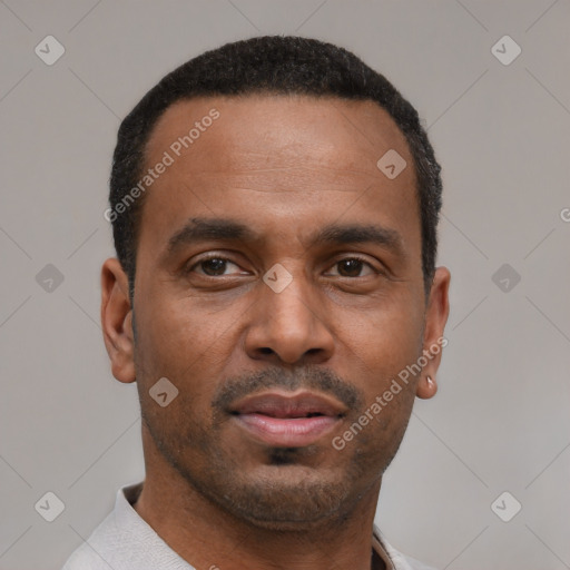 Neutral black young-adult male with short  black hair and brown eyes