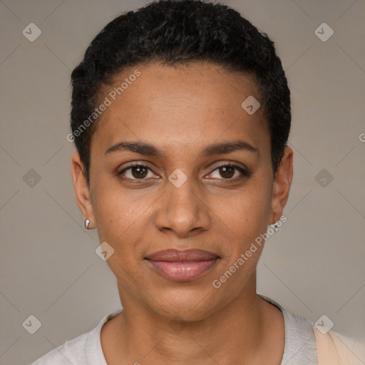 Joyful black young-adult female with short  black hair and brown eyes