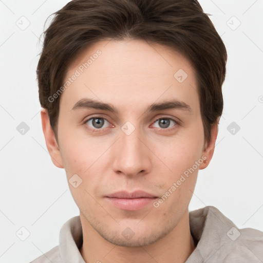 Neutral white young-adult male with short  brown hair and grey eyes