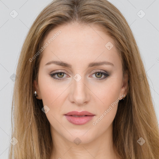 Joyful white young-adult female with long  brown hair and grey eyes