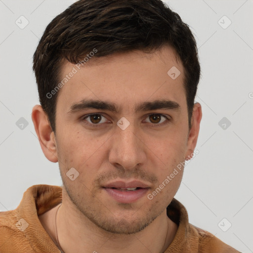 Neutral white young-adult male with short  brown hair and brown eyes