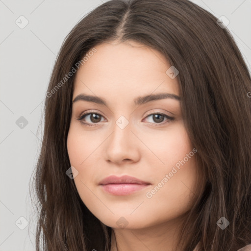 Neutral white young-adult female with long  brown hair and brown eyes