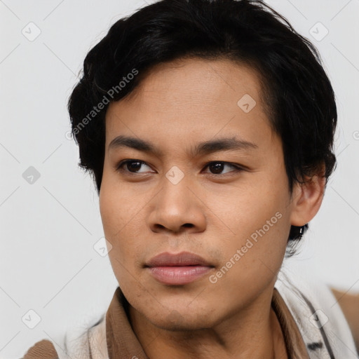 Neutral asian young-adult male with short  black hair and brown eyes