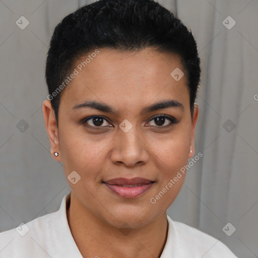 Joyful latino young-adult female with short  brown hair and brown eyes