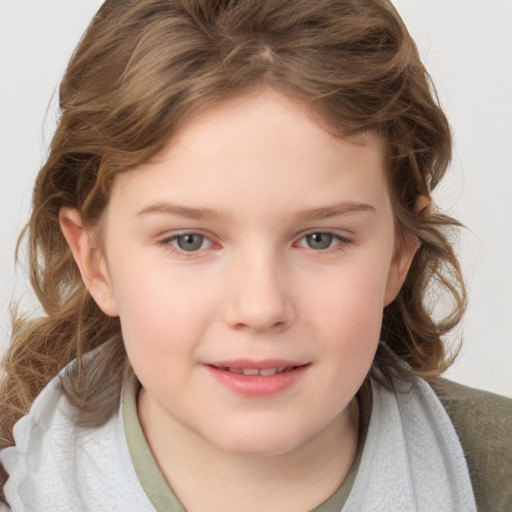 Joyful white child female with medium  brown hair and grey eyes