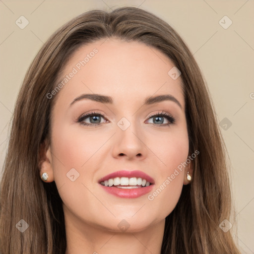 Joyful white young-adult female with long  brown hair and grey eyes