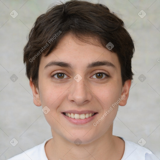 Joyful white young-adult female with short  brown hair and brown eyes