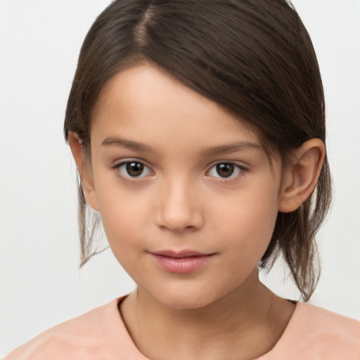 Joyful white child female with medium  brown hair and brown eyes