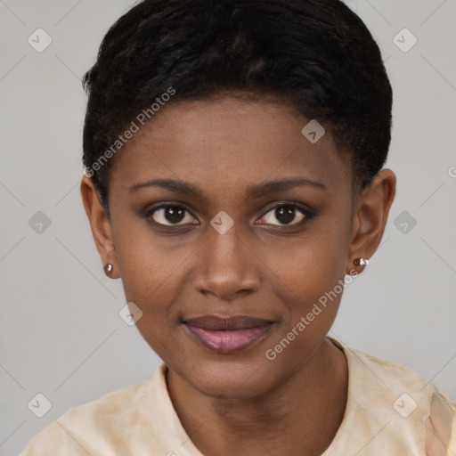 Joyful black young-adult female with short  brown hair and brown eyes