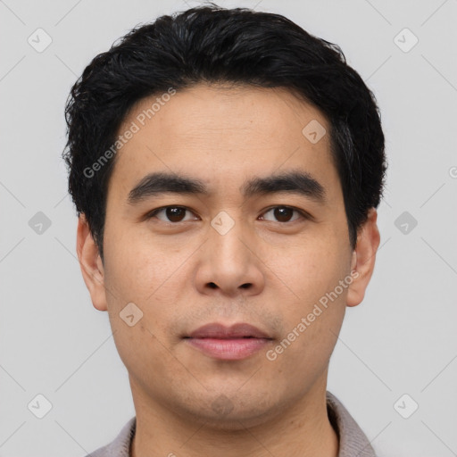 Neutral asian young-adult male with short  black hair and brown eyes