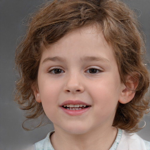 Joyful white child female with medium  brown hair and brown eyes