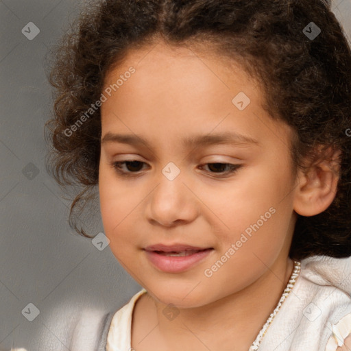 Joyful white child female with long  brown hair and brown eyes