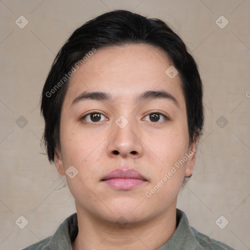 Neutral asian young-adult male with short  brown hair and brown eyes