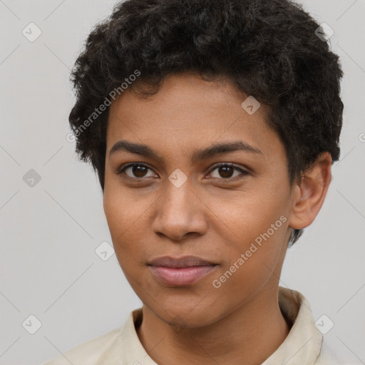 Joyful latino young-adult female with short  brown hair and brown eyes