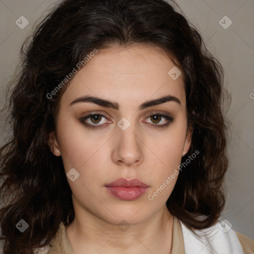 Neutral white young-adult female with medium  brown hair and brown eyes