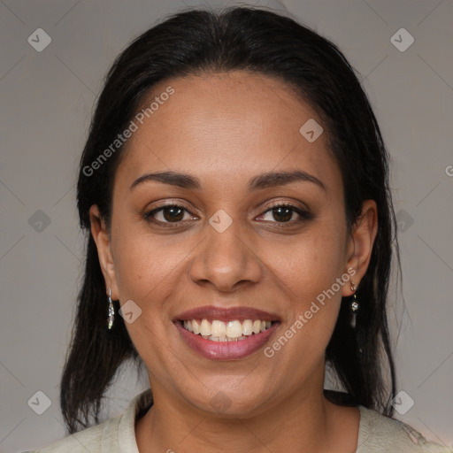 Joyful latino young-adult female with medium  brown hair and brown eyes