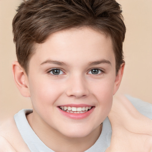 Joyful white child female with short  brown hair and brown eyes