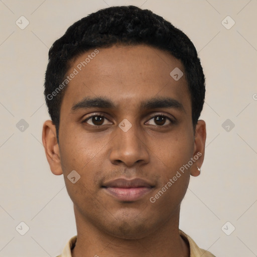 Neutral latino young-adult male with short  black hair and brown eyes