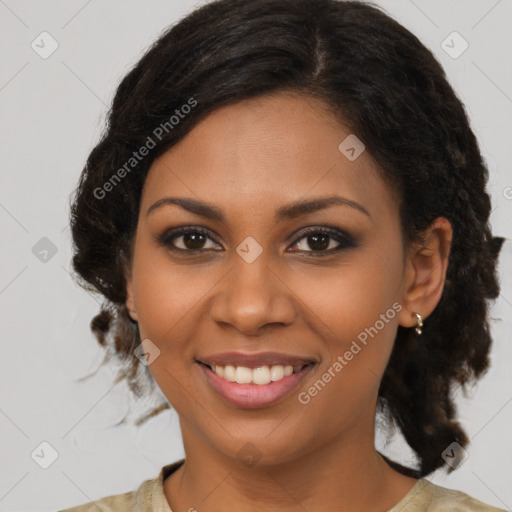 Joyful black young-adult female with medium  brown hair and brown eyes