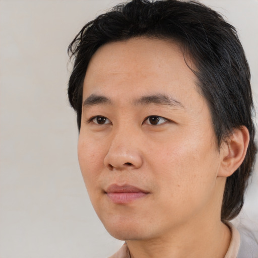 Neutral asian adult male with short  black hair and brown eyes