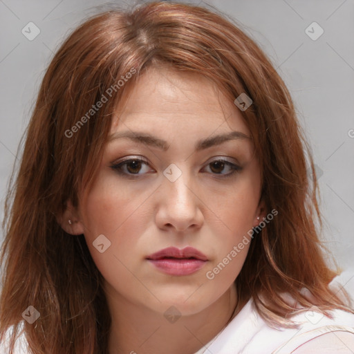 Neutral white young-adult female with medium  brown hair and brown eyes