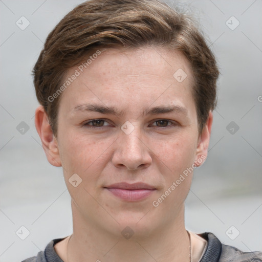 Joyful white young-adult female with short  brown hair and grey eyes