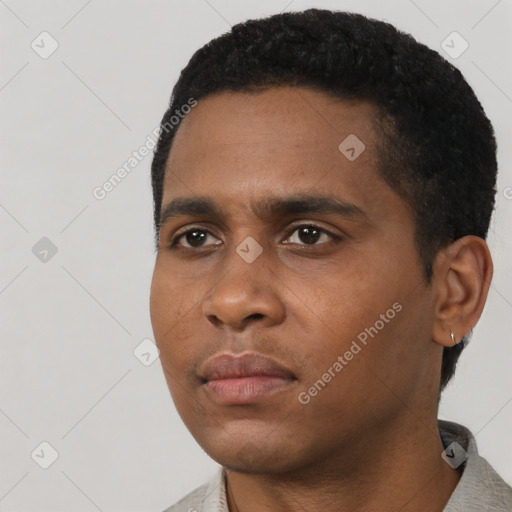 Neutral black young-adult male with short  black hair and brown eyes