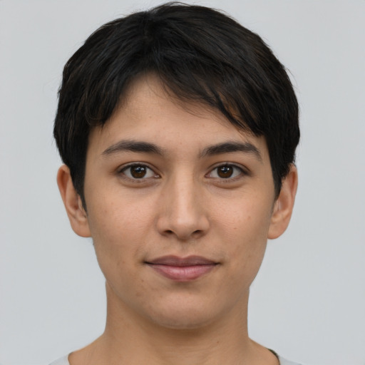 Joyful asian young-adult female with short  brown hair and brown eyes