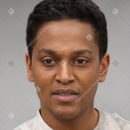 Joyful latino young-adult male with short  brown hair and brown eyes