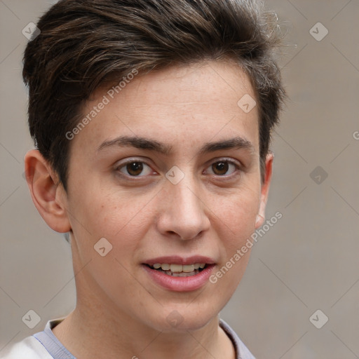 Joyful white young-adult female with short  brown hair and grey eyes