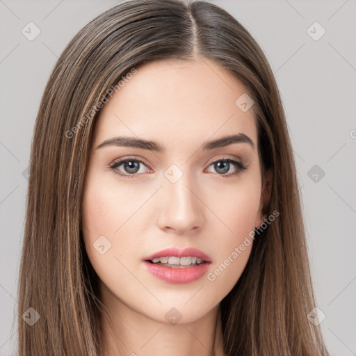 Neutral white young-adult female with long  brown hair and brown eyes