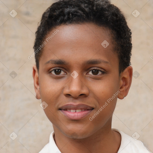 Joyful black young-adult male with short  brown hair and brown eyes