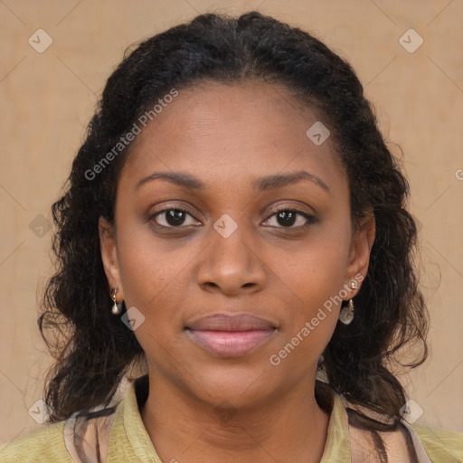 Joyful black young-adult female with medium  brown hair and brown eyes