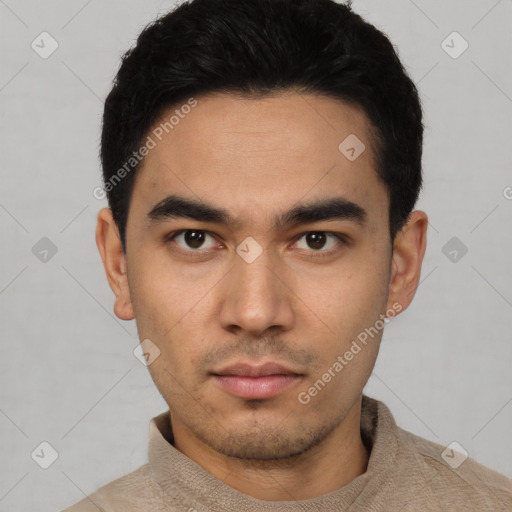 Neutral asian young-adult male with short  black hair and brown eyes