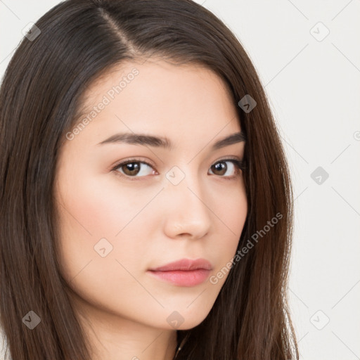 Neutral white young-adult female with long  brown hair and brown eyes